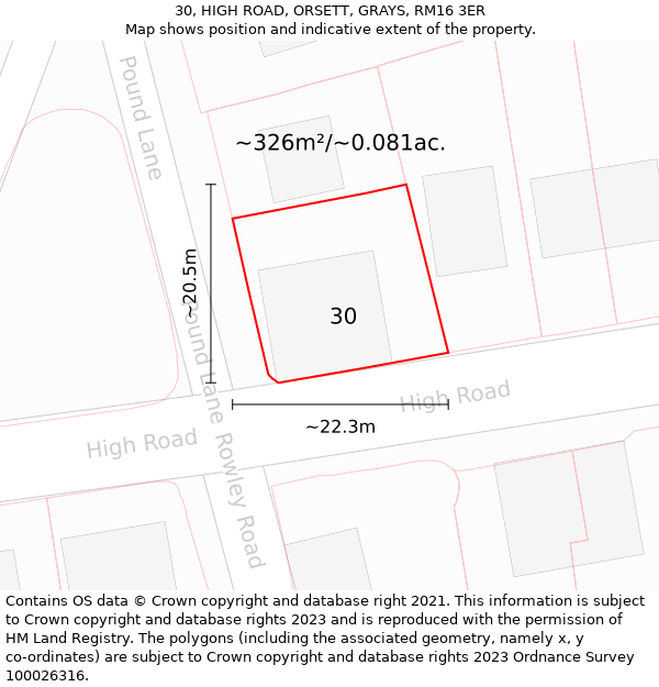 30, HIGH ROAD, ORSETT, GRAYS, RM16 3ER: Plot and title map