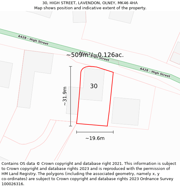 30, HIGH STREET, LAVENDON, OLNEY, MK46 4HA: Plot and title map