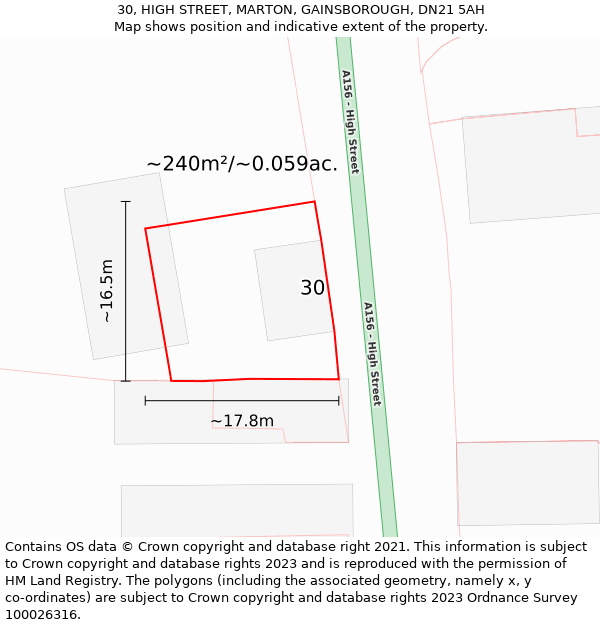 30, HIGH STREET, MARTON, GAINSBOROUGH, DN21 5AH: Plot and title map