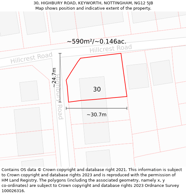 30, HIGHBURY ROAD, KEYWORTH, NOTTINGHAM, NG12 5JB: Plot and title map