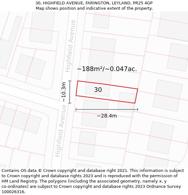 30, HIGHFIELD AVENUE, FARINGTON, LEYLAND, PR25 4GP: Plot and title map