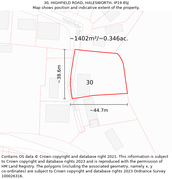 30, HIGHFIELD ROAD, HALESWORTH, IP19 8SJ: Plot and title map