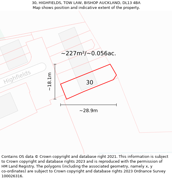 30, HIGHFIELDS, TOW LAW, BISHOP AUCKLAND, DL13 4BA: Plot and title map