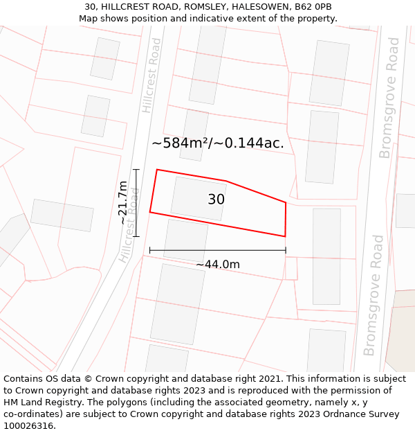 30, HILLCREST ROAD, ROMSLEY, HALESOWEN, B62 0PB: Plot and title map