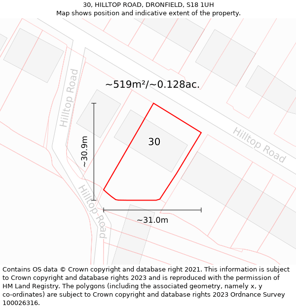 30, HILLTOP ROAD, DRONFIELD, S18 1UH: Plot and title map