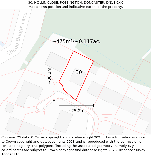 30, HOLLIN CLOSE, ROSSINGTON, DONCASTER, DN11 0XX: Plot and title map