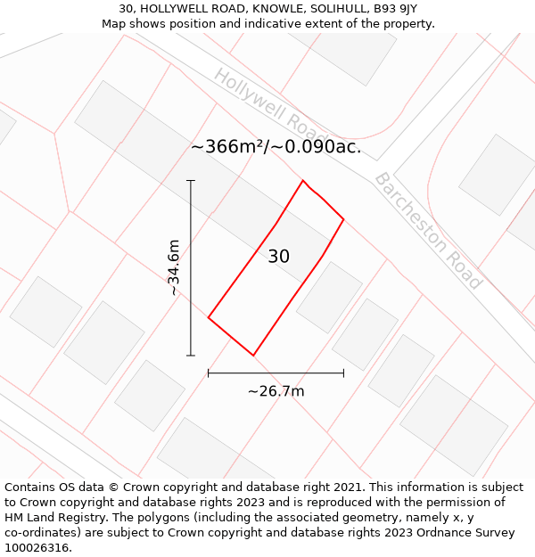 30, HOLLYWELL ROAD, KNOWLE, SOLIHULL, B93 9JY: Plot and title map