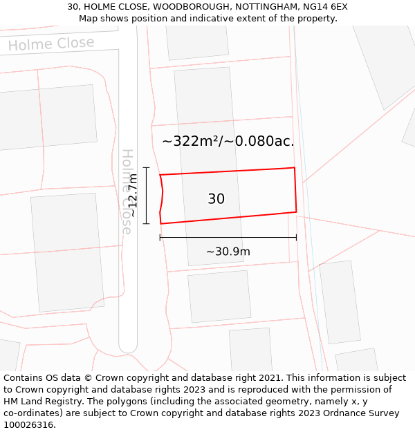 30, HOLME CLOSE, WOODBOROUGH, NOTTINGHAM, NG14 6EX: Plot and title map