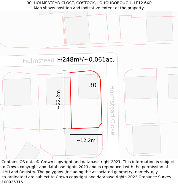 30, HOLMESTEAD CLOSE, COSTOCK, LOUGHBOROUGH, LE12 6XP: Plot and title map