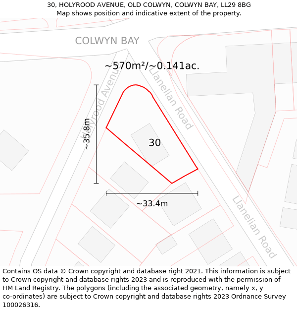 30, HOLYROOD AVENUE, OLD COLWYN, COLWYN BAY, LL29 8BG: Plot and title map