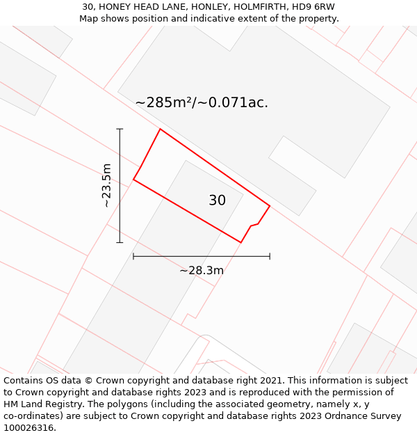 30, HONEY HEAD LANE, HONLEY, HOLMFIRTH, HD9 6RW: Plot and title map