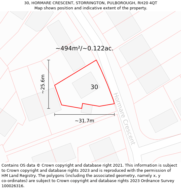 30, HORMARE CRESCENT, STORRINGTON, PULBOROUGH, RH20 4QT: Plot and title map