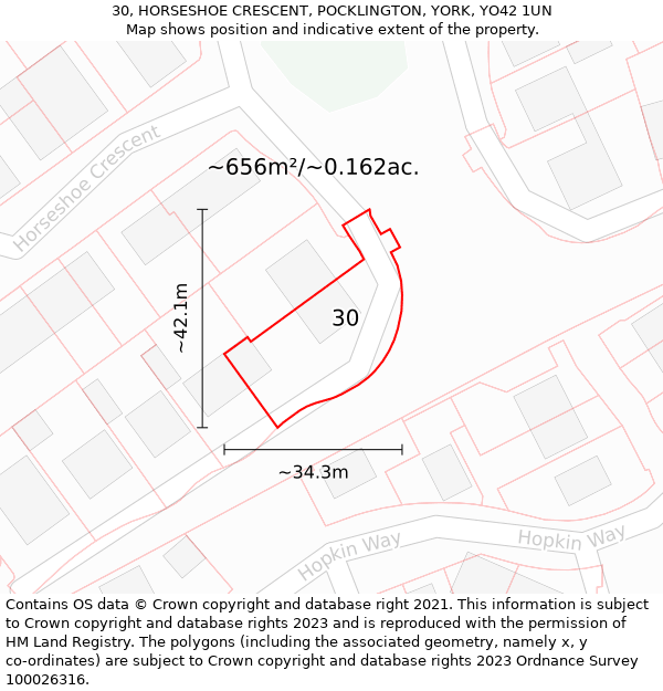 30, HORSESHOE CRESCENT, POCKLINGTON, YORK, YO42 1UN: Plot and title map