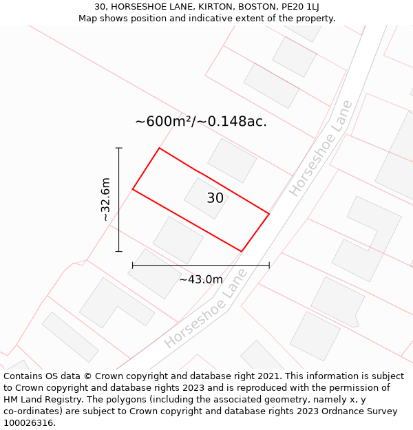 30, HORSESHOE LANE, KIRTON, BOSTON, PE20 1LJ: Plot and title map