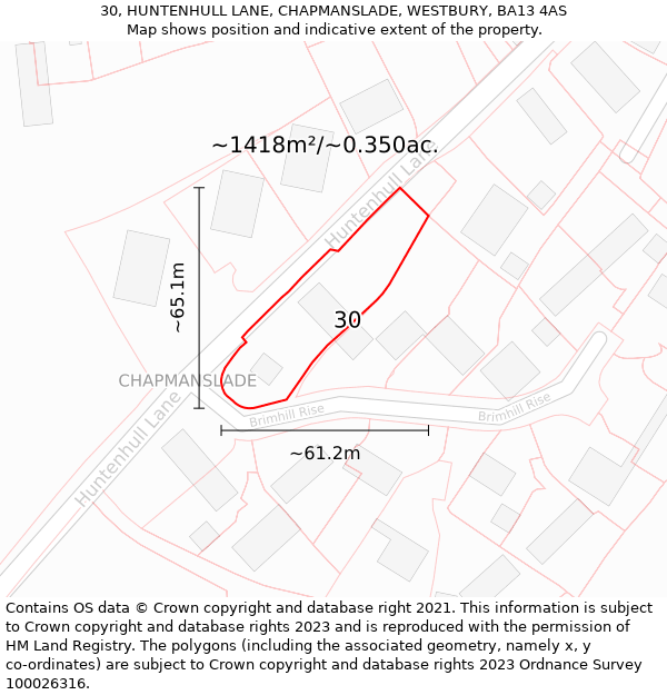 30, HUNTENHULL LANE, CHAPMANSLADE, WESTBURY, BA13 4AS: Plot and title map