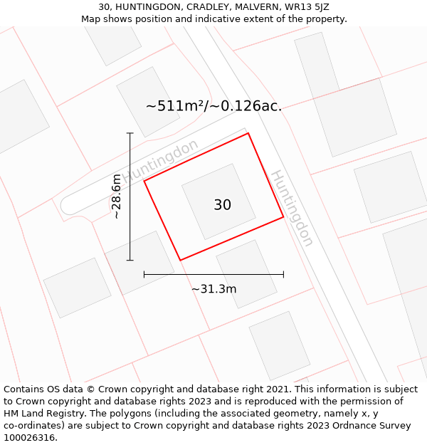 30, HUNTINGDON, CRADLEY, MALVERN, WR13 5JZ: Plot and title map