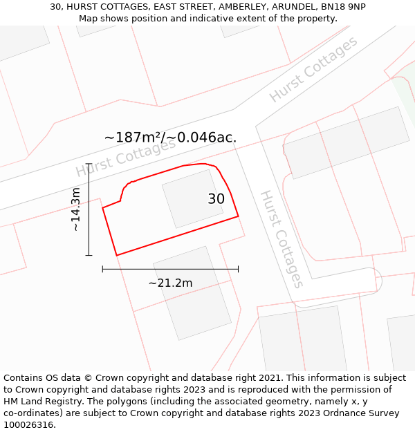 30, HURST COTTAGES, EAST STREET, AMBERLEY, ARUNDEL, BN18 9NP: Plot and title map