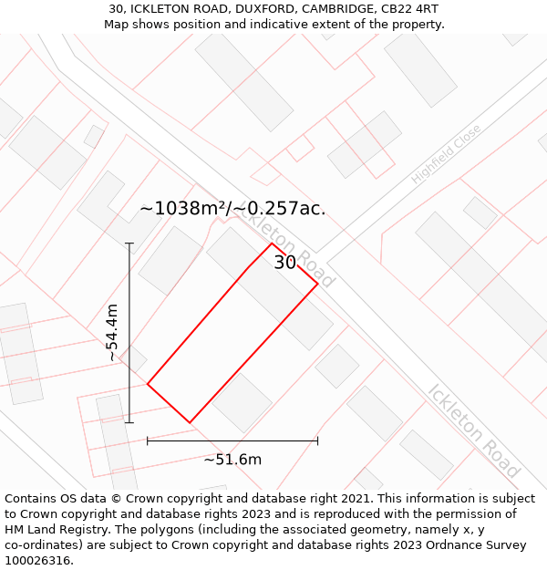 30, ICKLETON ROAD, DUXFORD, CAMBRIDGE, CB22 4RT: Plot and title map