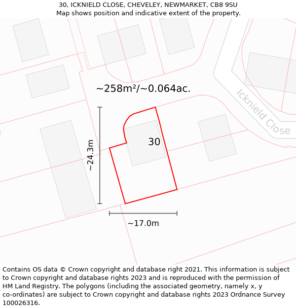 30, ICKNIELD CLOSE, CHEVELEY, NEWMARKET, CB8 9SU: Plot and title map