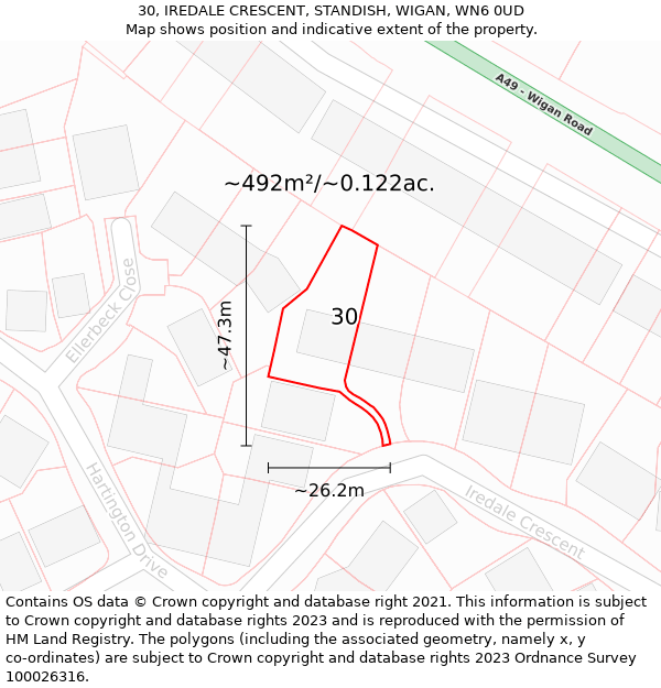 30, IREDALE CRESCENT, STANDISH, WIGAN, WN6 0UD: Plot and title map