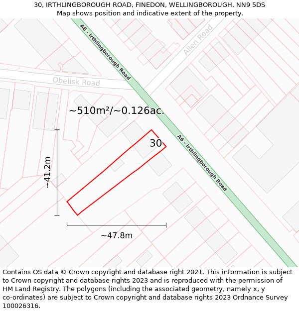 30, IRTHLINGBOROUGH ROAD, FINEDON, WELLINGBOROUGH, NN9 5DS: Plot and title map