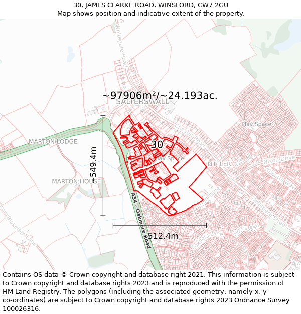 30, JAMES CLARKE ROAD, WINSFORD, CW7 2GU: Plot and title map