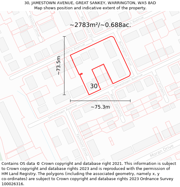 30, JAMESTOWN AVENUE, GREAT SANKEY, WARRINGTON, WA5 8AD: Plot and title map