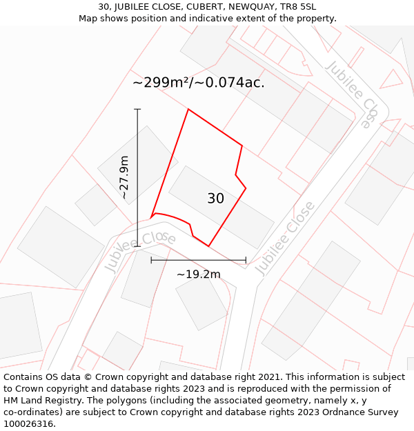 30, JUBILEE CLOSE, CUBERT, NEWQUAY, TR8 5SL: Plot and title map