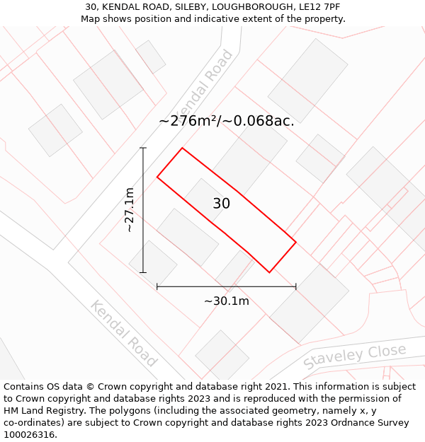 30, KENDAL ROAD, SILEBY, LOUGHBOROUGH, LE12 7PF: Plot and title map
