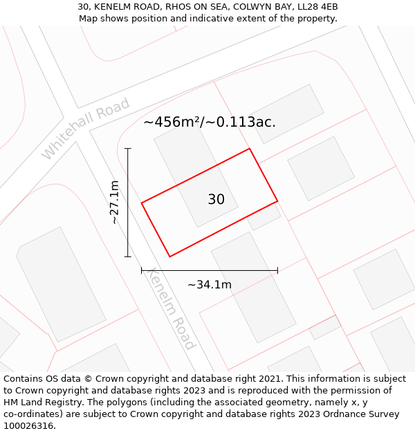 30, KENELM ROAD, RHOS ON SEA, COLWYN BAY, LL28 4EB: Plot and title map