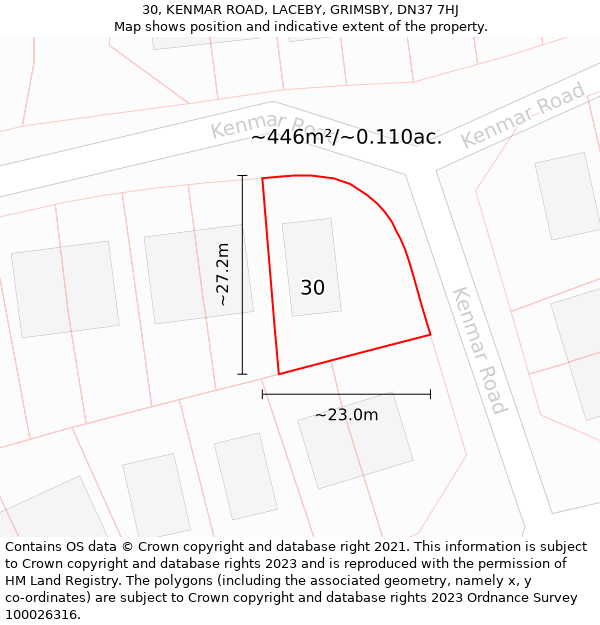 30, KENMAR ROAD, LACEBY, GRIMSBY, DN37 7HJ: Plot and title map