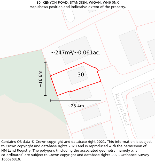 30, KENYON ROAD, STANDISH, WIGAN, WN6 0NX: Plot and title map