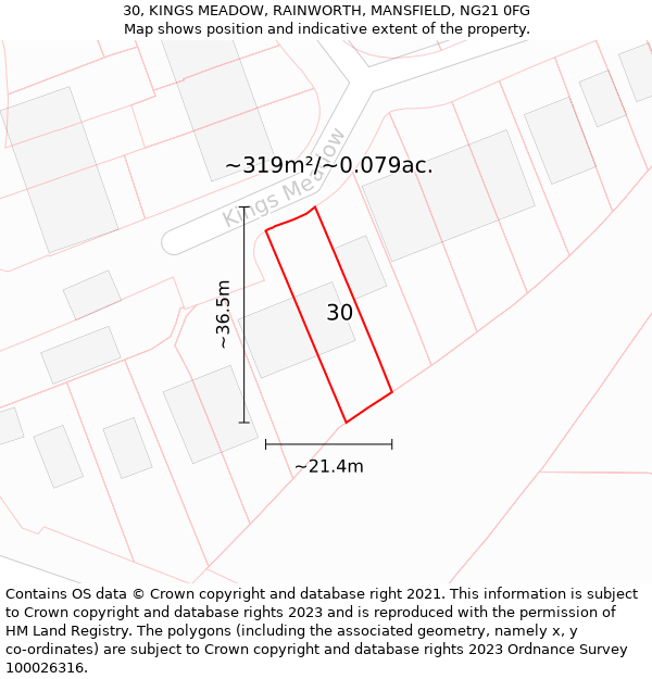 30, KINGS MEADOW, RAINWORTH, MANSFIELD, NG21 0FG: Plot and title map