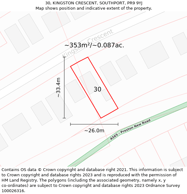 30, KINGSTON CRESCENT, SOUTHPORT, PR9 9YJ: Plot and title map