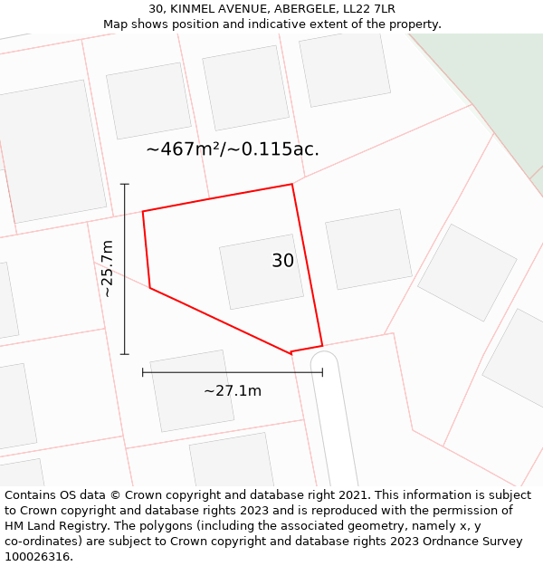 30, KINMEL AVENUE, ABERGELE, LL22 7LR: Plot and title map