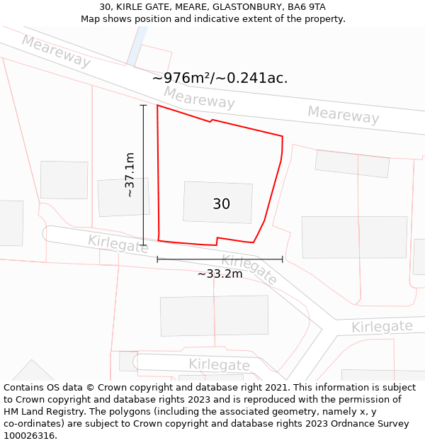 30, KIRLE GATE, MEARE, GLASTONBURY, BA6 9TA: Plot and title map