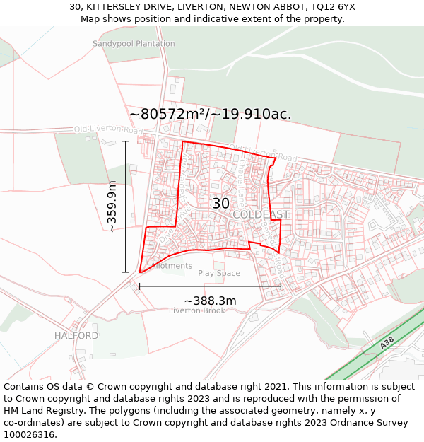 30, KITTERSLEY DRIVE, LIVERTON, NEWTON ABBOT, TQ12 6YX: Plot and title map