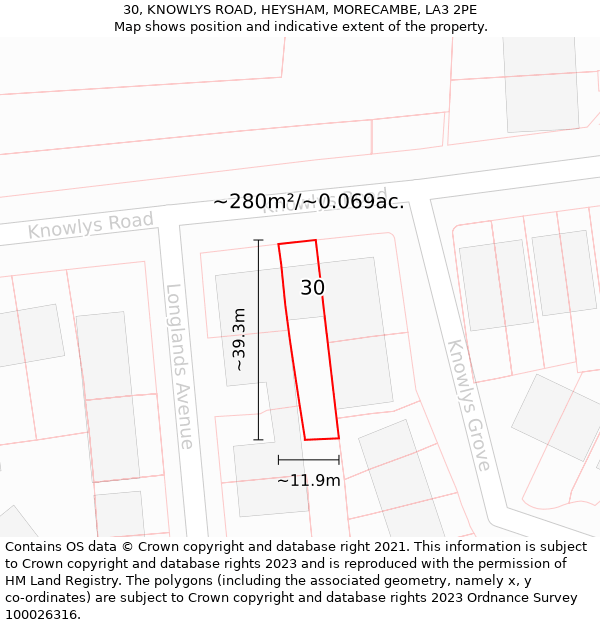 30, KNOWLYS ROAD, HEYSHAM, MORECAMBE, LA3 2PE: Plot and title map