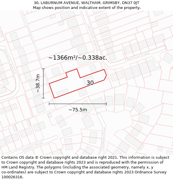 30, LABURNUM AVENUE, WALTHAM, GRIMSBY, DN37 0JT: Plot and title map