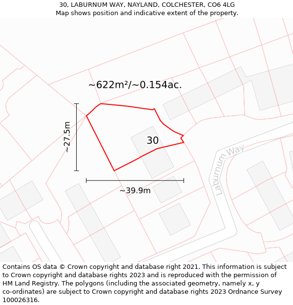 30, LABURNUM WAY, NAYLAND, COLCHESTER, CO6 4LG: Plot and title map