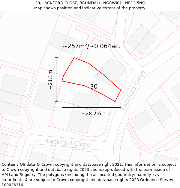 30, LACKFORD CLOSE, BRUNDALL, NORWICH, NR13 5NG: Plot and title map