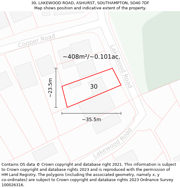 30, LAKEWOOD ROAD, ASHURST, SOUTHAMPTON, SO40 7DF: Plot and title map