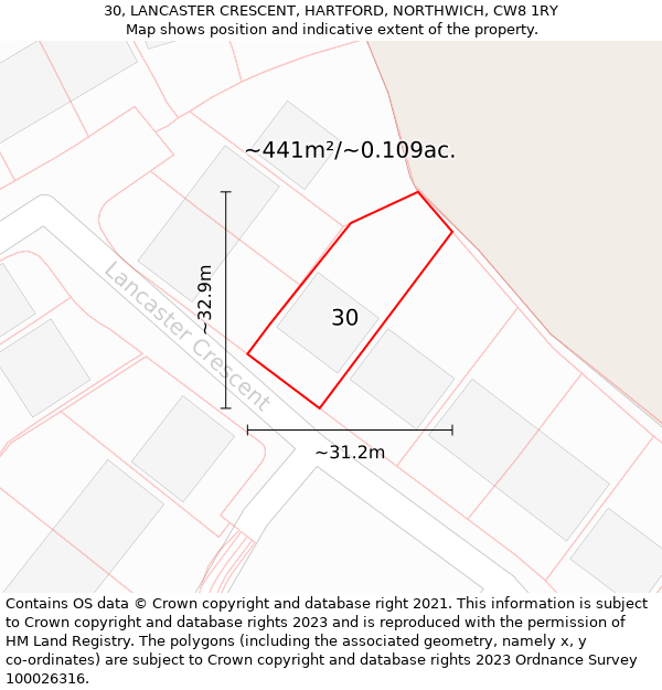 30, LANCASTER CRESCENT, HARTFORD, NORTHWICH, CW8 1RY: Plot and title map