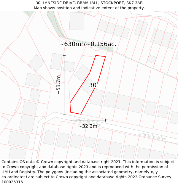 30, LANESIDE DRIVE, BRAMHALL, STOCKPORT, SK7 3AR: Plot and title map