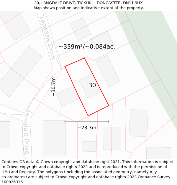 30, LANGDALE DRIVE, TICKHILL, DONCASTER, DN11 9UX: Plot and title map