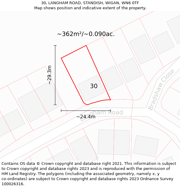 30, LANGHAM ROAD, STANDISH, WIGAN, WN6 0TF: Plot and title map