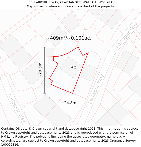 30, LARKSPUR WAY, CLAYHANGER, WALSALL, WS8 7RA: Plot and title map