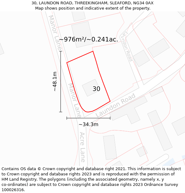 30, LAUNDON ROAD, THREEKINGHAM, SLEAFORD, NG34 0AX: Plot and title map