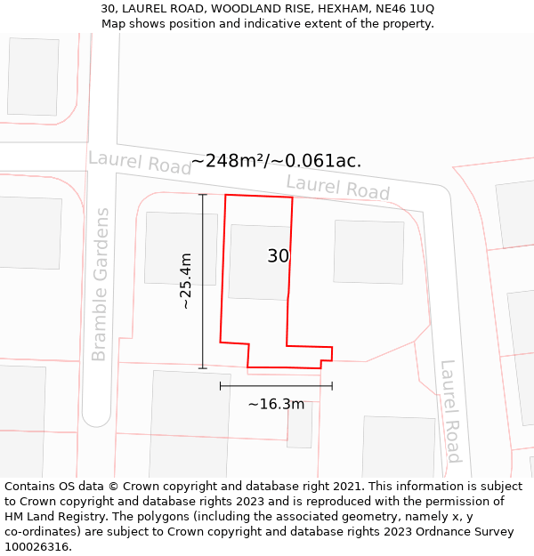 30, LAUREL ROAD, WOODLAND RISE, HEXHAM, NE46 1UQ: Plot and title map