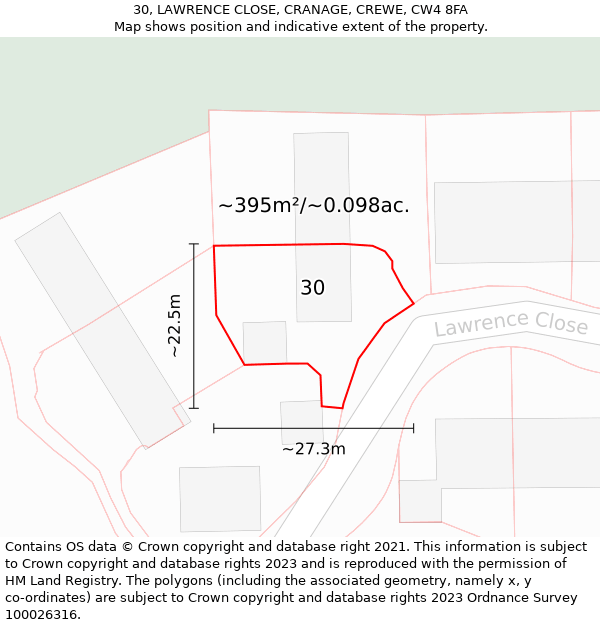 30, LAWRENCE CLOSE, CRANAGE, CREWE, CW4 8FA: Plot and title map